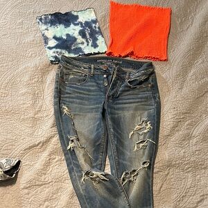 American Eagle Outfitters Women's Distressed Dark Blue Skinny Jeans